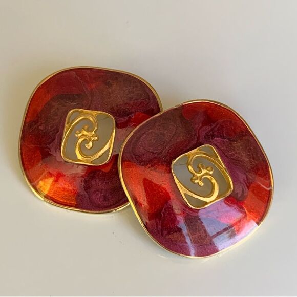 Vintage 80s Edgar BEREBI Signed Red and Gold Enameled Gold Tone Pierced Earrings - Picture 1 of 7